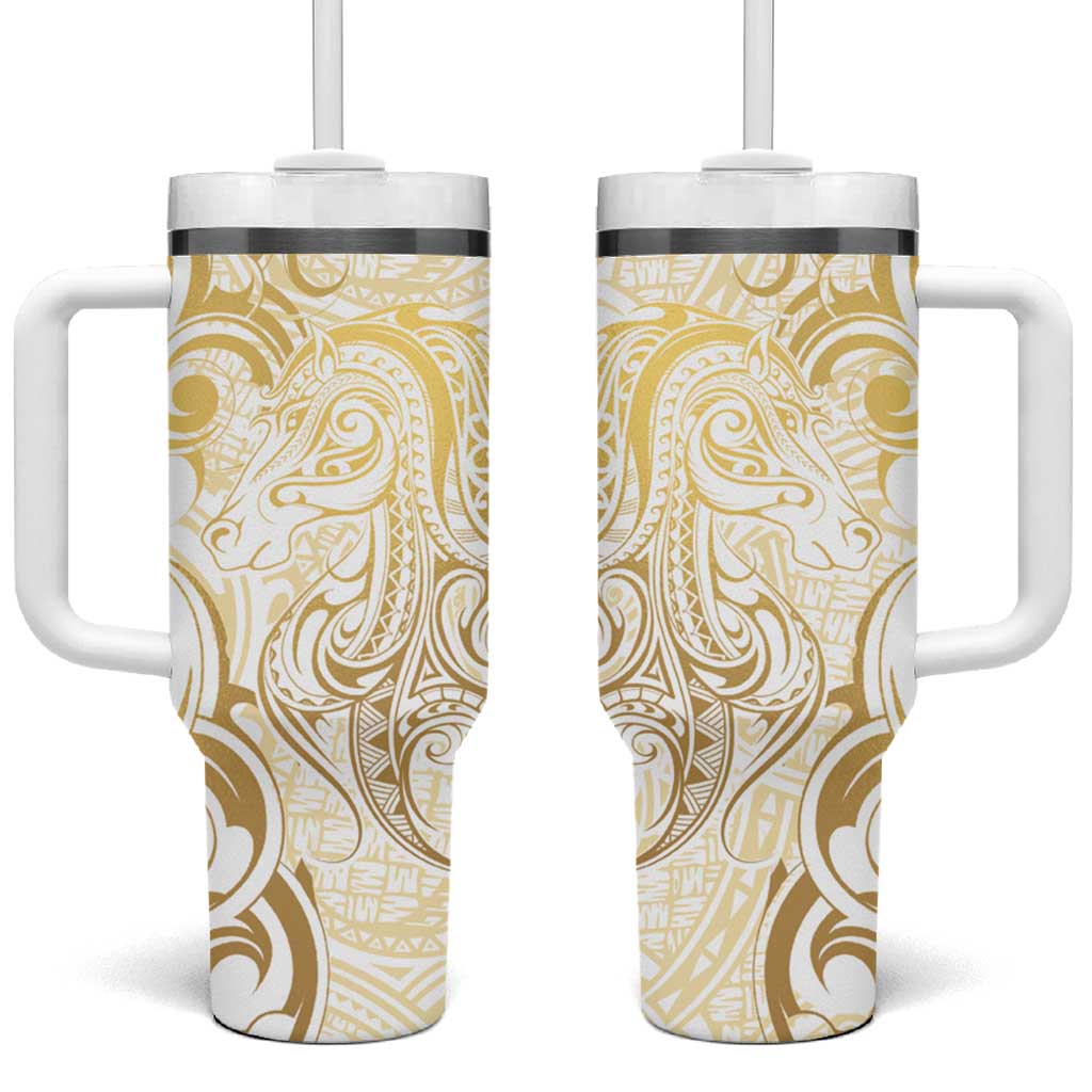 Gold And White Aoteara Horse Racing Tumbler With Handle NZ Maori Pattern