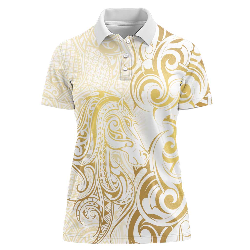 Gold And White Aoteara Horse Racing Women Polo Shirt NZ Maori Pattern