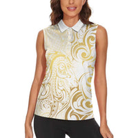 Gold And White Aoteara Horse Racing Women Sleeveless Polo Shirt NZ Maori Pattern