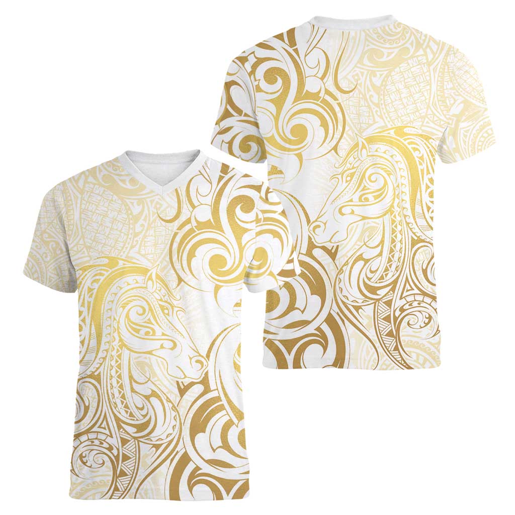 Gold And White Aoteara Horse Racing Women V-Neck T-Shirt NZ Maori Pattern