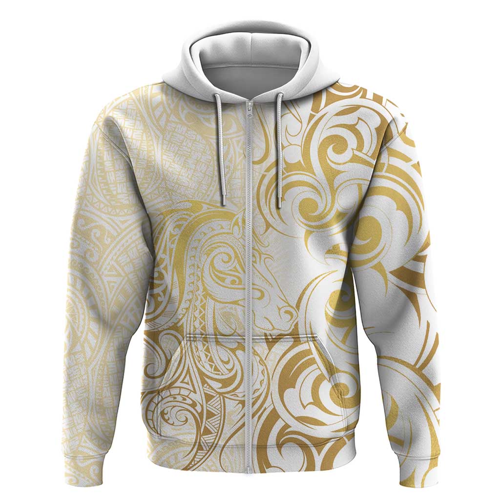 Gold And White Aoteara Horse Racing Zip Hoodie NZ Maori Pattern