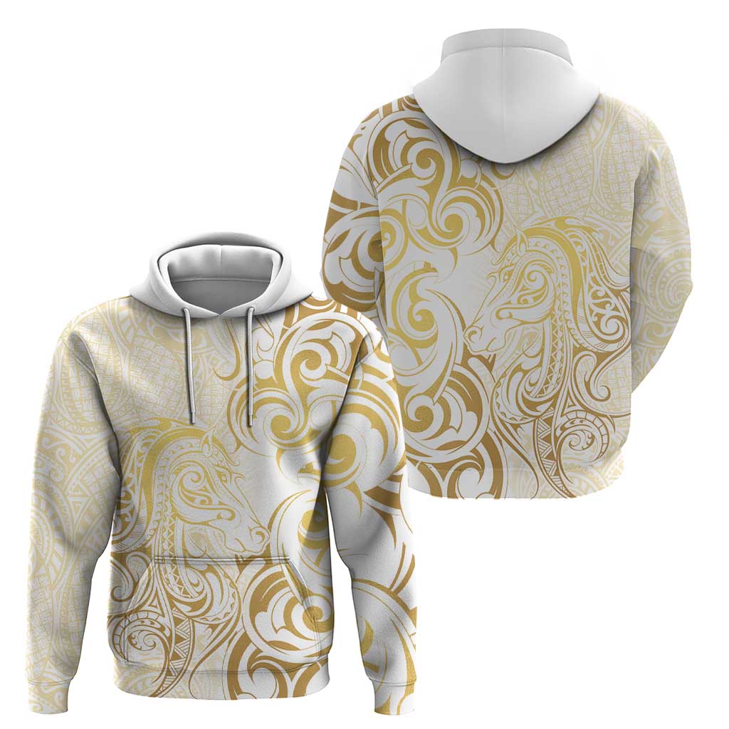 Gold And White Aoteara Horse Racing Zip Hoodie NZ Maori Pattern
