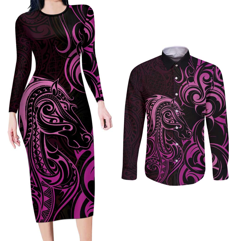 Pink Aoteara Horse Racing Couples Matching Long Sleeve Bodycon Dress and Long Sleeve Button Shirt NZ Maori Pattern