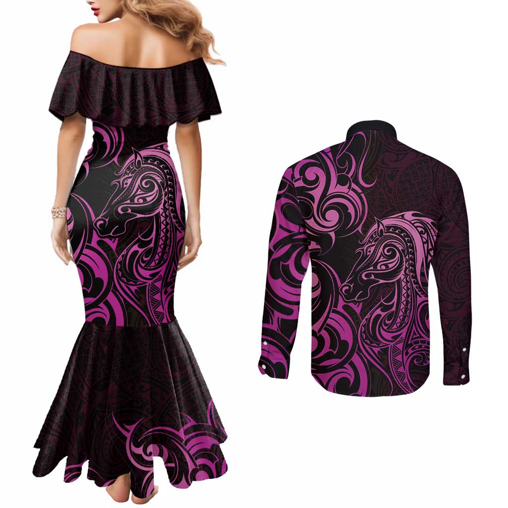 Pink Aoteara Horse Racing Couples Matching Mermaid Dress and Long Sleeve Button Shirt NZ Maori Pattern