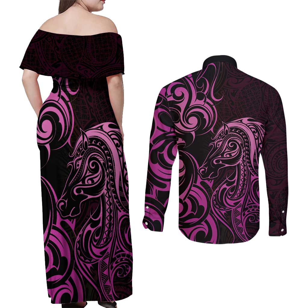 Pink Aoteara Horse Racing Couples Matching Off Shoulder Maxi Dress and Long Sleeve Button Shirt NZ Maori Pattern