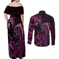 Pink Aoteara Horse Racing Couples Matching Off Shoulder Maxi Dress and Long Sleeve Button Shirt NZ Maori Pattern