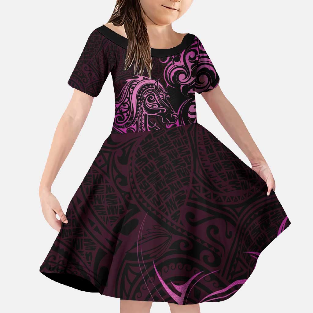 Pink Aotearoa Horse Racing Family Matching Mermaid Dress and Hawaiian Shirt NZ Maori Pattern LT14 Daughter's Dress Pink - Polynesian Pride