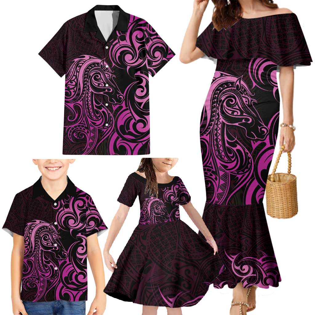 Pink Aotearoa Horse Racing Family Matching Mermaid Dress and Hawaiian Shirt NZ Maori Pattern LT14 - Polynesian Pride