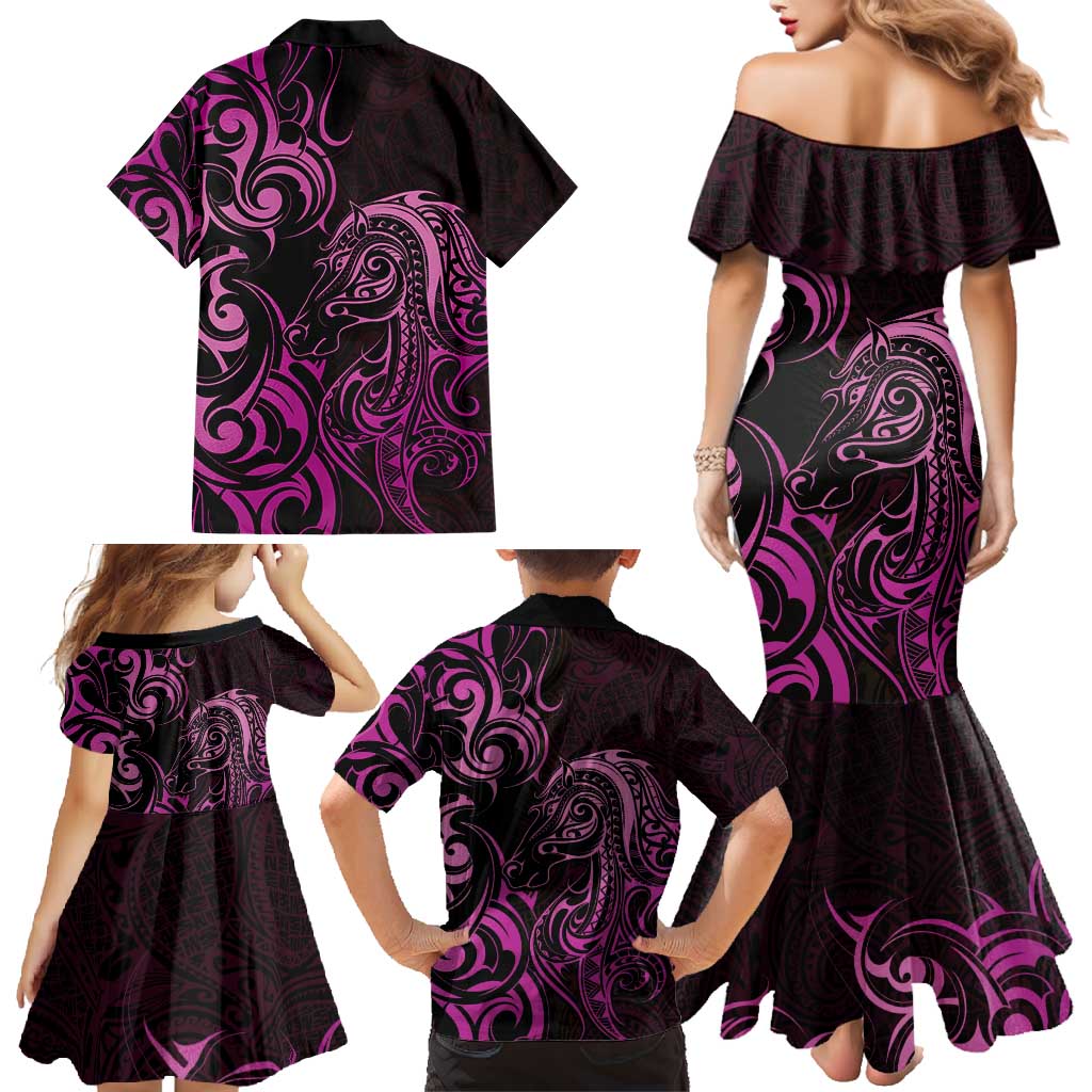Pink Aotearoa Horse Racing Family Matching Mermaid Dress and Hawaiian Shirt NZ Maori Pattern LT14 - Polynesian Pride