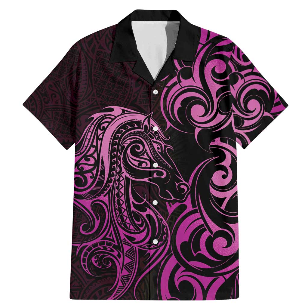 Pink Aotearoa Horse Racing Family Matching Mermaid Dress and Hawaiian Shirt NZ Maori Pattern LT14 Dad's Shirt - Short Sleeve Pink - Polynesian Pride