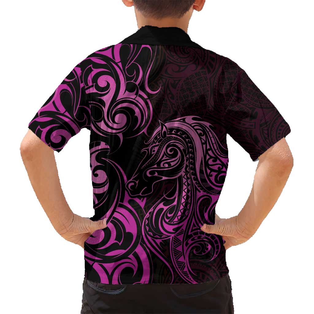 Pink Aotearoa Horse Racing Family Matching Off Shoulder Maxi Dress and Hawaiian Shirt NZ Maori Pattern LT14 - Polynesian Pride