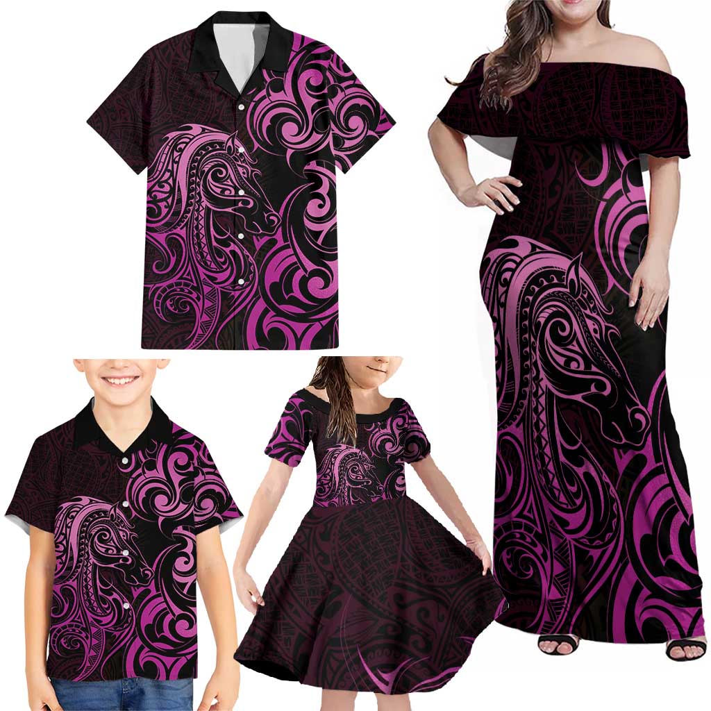 Pink Aotearoa Horse Racing Family Matching Off Shoulder Maxi Dress and Hawaiian Shirt NZ Maori Pattern LT14 - Polynesian Pride