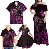 Pink Aotearoa Horse Racing Family Matching Off Shoulder Maxi Dress and Hawaiian Shirt NZ Maori Pattern LT14 - Polynesian Pride