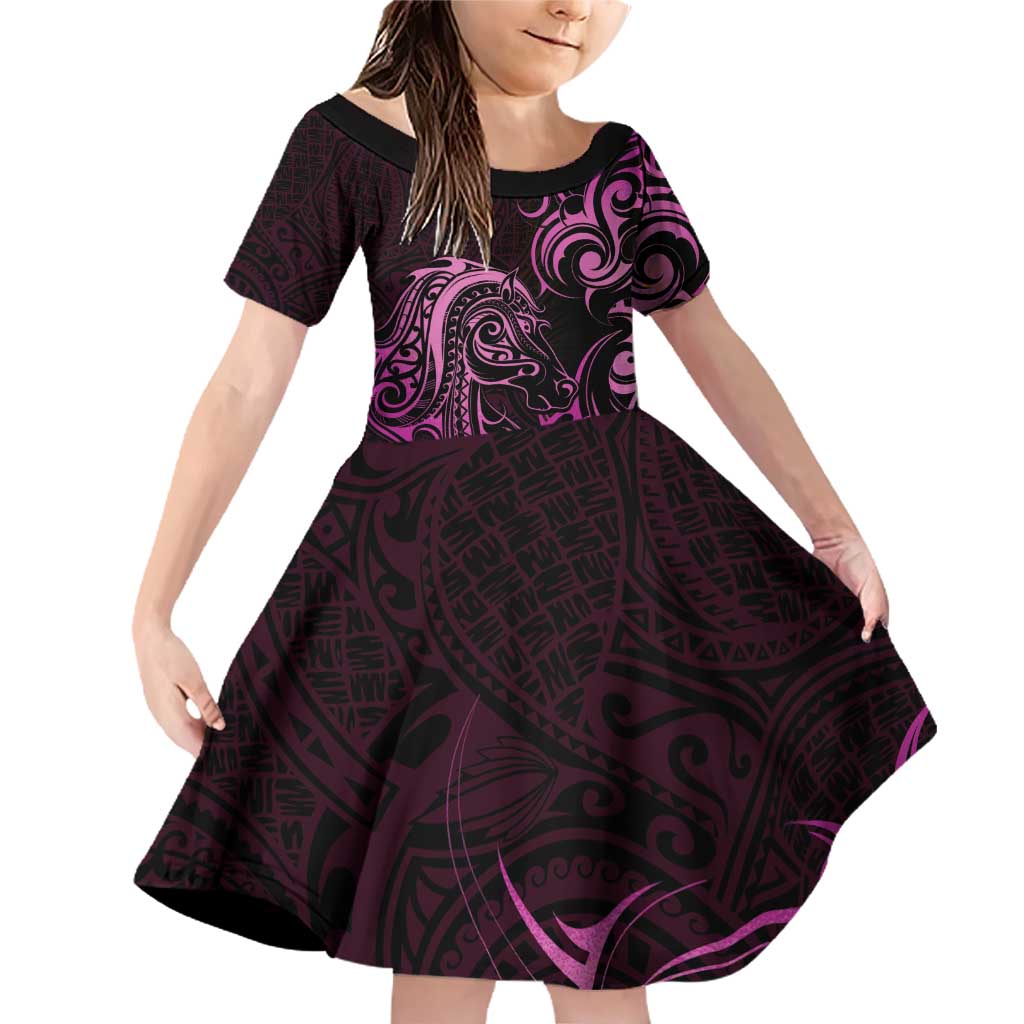 Pink Aotearoa Horse Racing Family Matching Off Shoulder Short Dress and Hawaiian Shirt NZ Maori Pattern LT14 Daughter's Dress Pink - Polynesian Pride