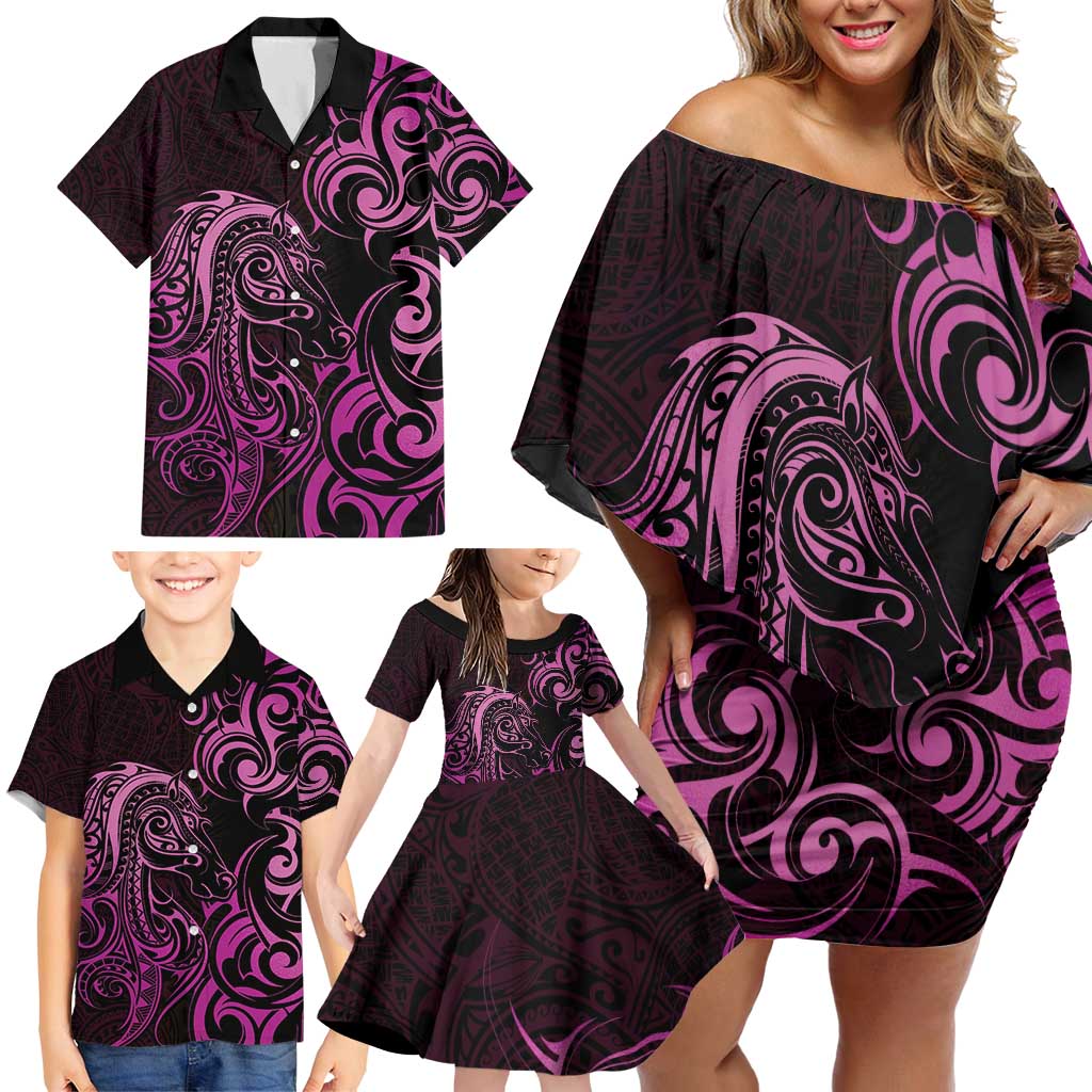 Pink Aotearoa Horse Racing Family Matching Off Shoulder Short Dress and Hawaiian Shirt NZ Maori Pattern LT14 - Polynesian Pride