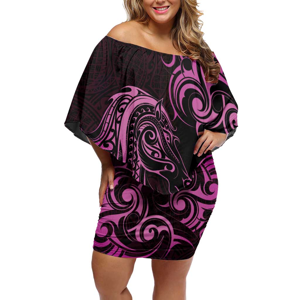 Pink Aotearoa Horse Racing Family Matching Off Shoulder Short Dress and Hawaiian Shirt NZ Maori Pattern LT14 Mom's Dress Pink - Polynesian Pride