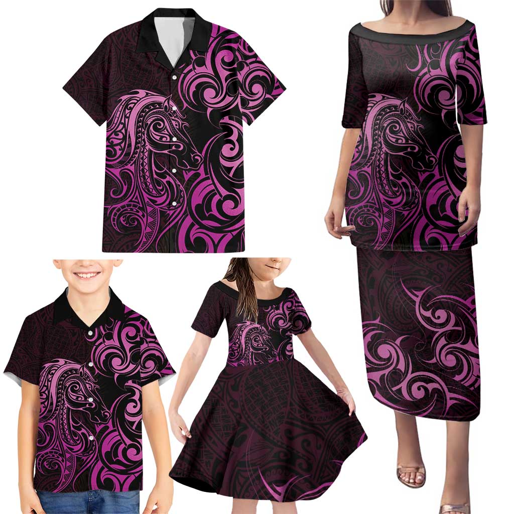 Pink Aotearoa Horse Racing Family Matching Puletasi and Hawaiian Shirt NZ Maori Pattern LT14 - Polynesian Pride