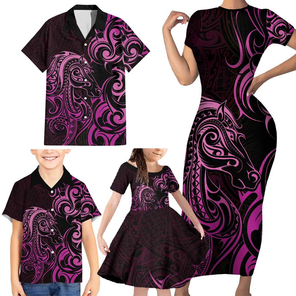 Pink Aotearoa Horse Racing Family Matching Short Sleeve Bodycon Dress and Hawaiian Shirt NZ Maori Pattern LT14 - Polynesian Pride