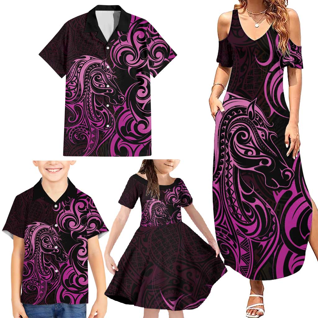 Pink Aotearoa Horse Racing Family Matching Summer Maxi Dress and Hawaiian Shirt NZ Maori Pattern LT14 - Polynesian Pride