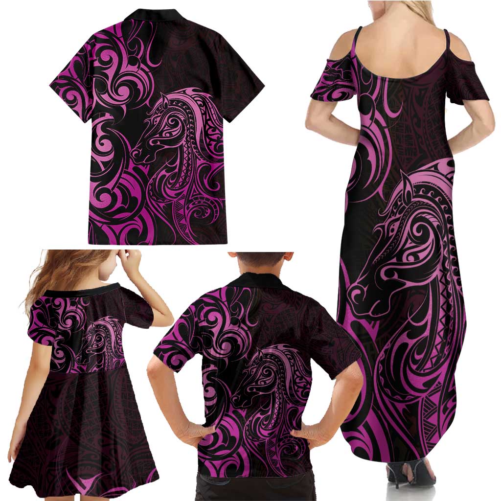 Pink Aotearoa Horse Racing Family Matching Summer Maxi Dress and Hawaiian Shirt NZ Maori Pattern LT14 - Polynesian Pride