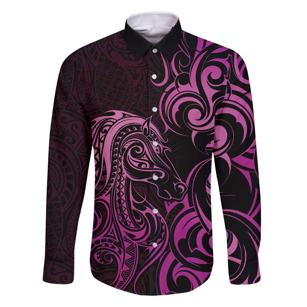Pink Aotearoa Horse Racing Family Matching Summer Maxi Dress and Hawaiian Shirt NZ Maori Pattern LT14 Dad's Shirt - Long Sleeve Pink - Polynesian Pride