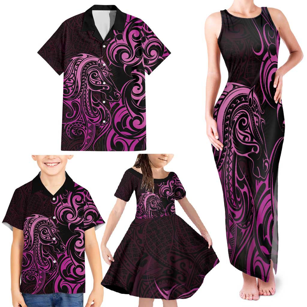Pink Aotearoa Horse Racing Family Matching Tank Maxi Dress and Hawaiian Shirt NZ Maori Pattern LT14 - Polynesian Pride