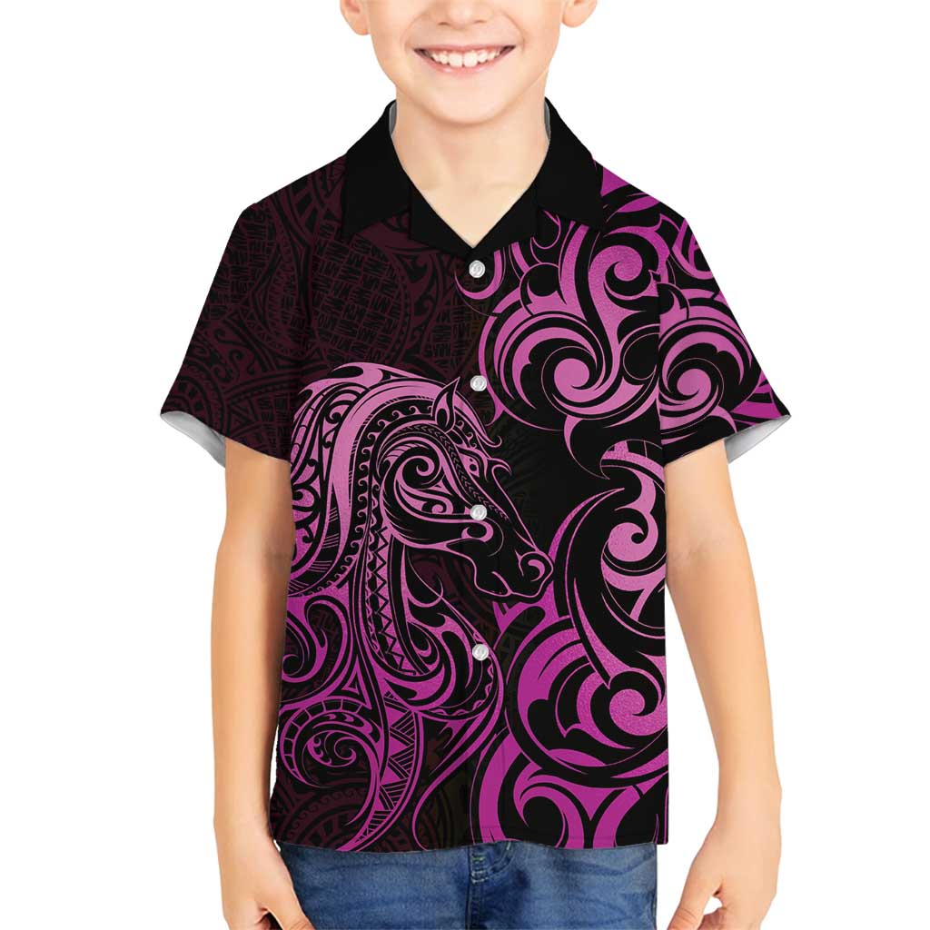Pink Aotearoa Horse Racing Family Matching Tank Maxi Dress and Hawaiian Shirt NZ Maori Pattern LT14 Son's Shirt Pink - Polynesian Pride