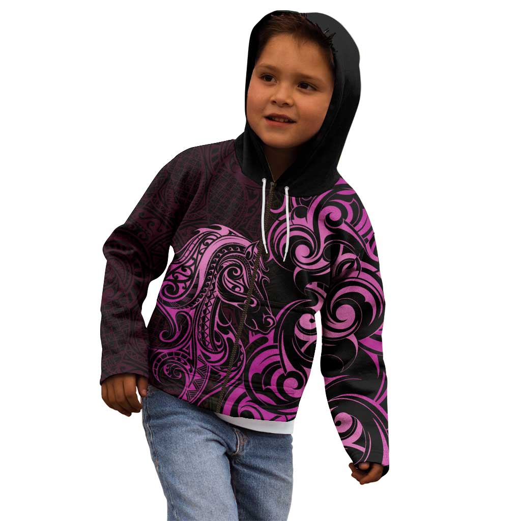 Pink Aoteara Horse Racing Kid Hoodie NZ Maori Pattern