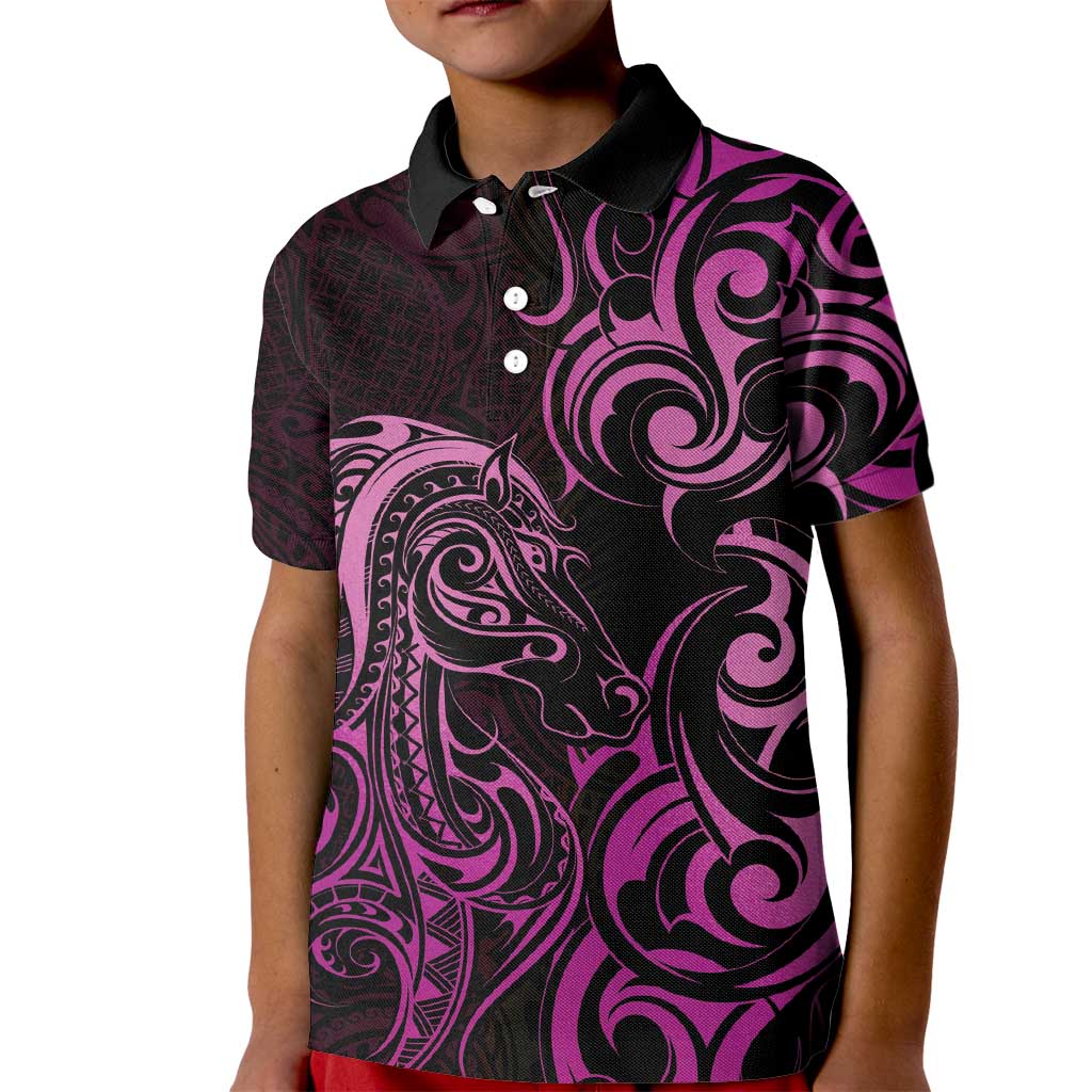 Pink Aotearoa Horse Racing Kid Polo Shirt NZ Maori Pattern LT14 Kid Pink - Polynesian Pride