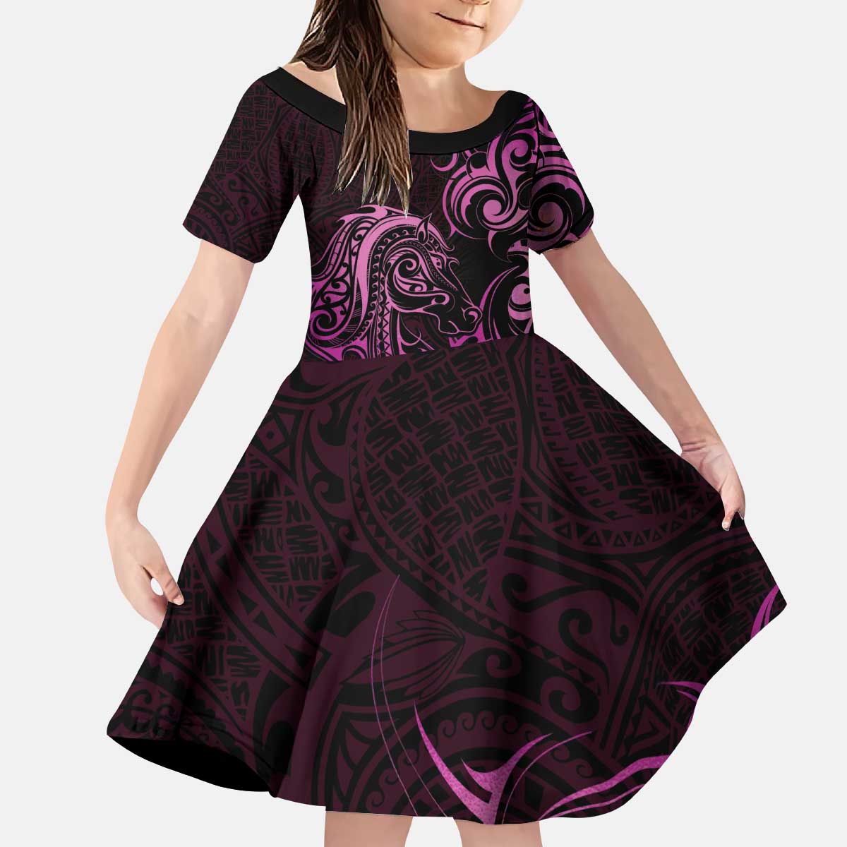 Pink Aotearoa Horse Racing Kid Short Sleeve Dress NZ Maori Pattern LT14 KID Pink - Polynesian Pride
