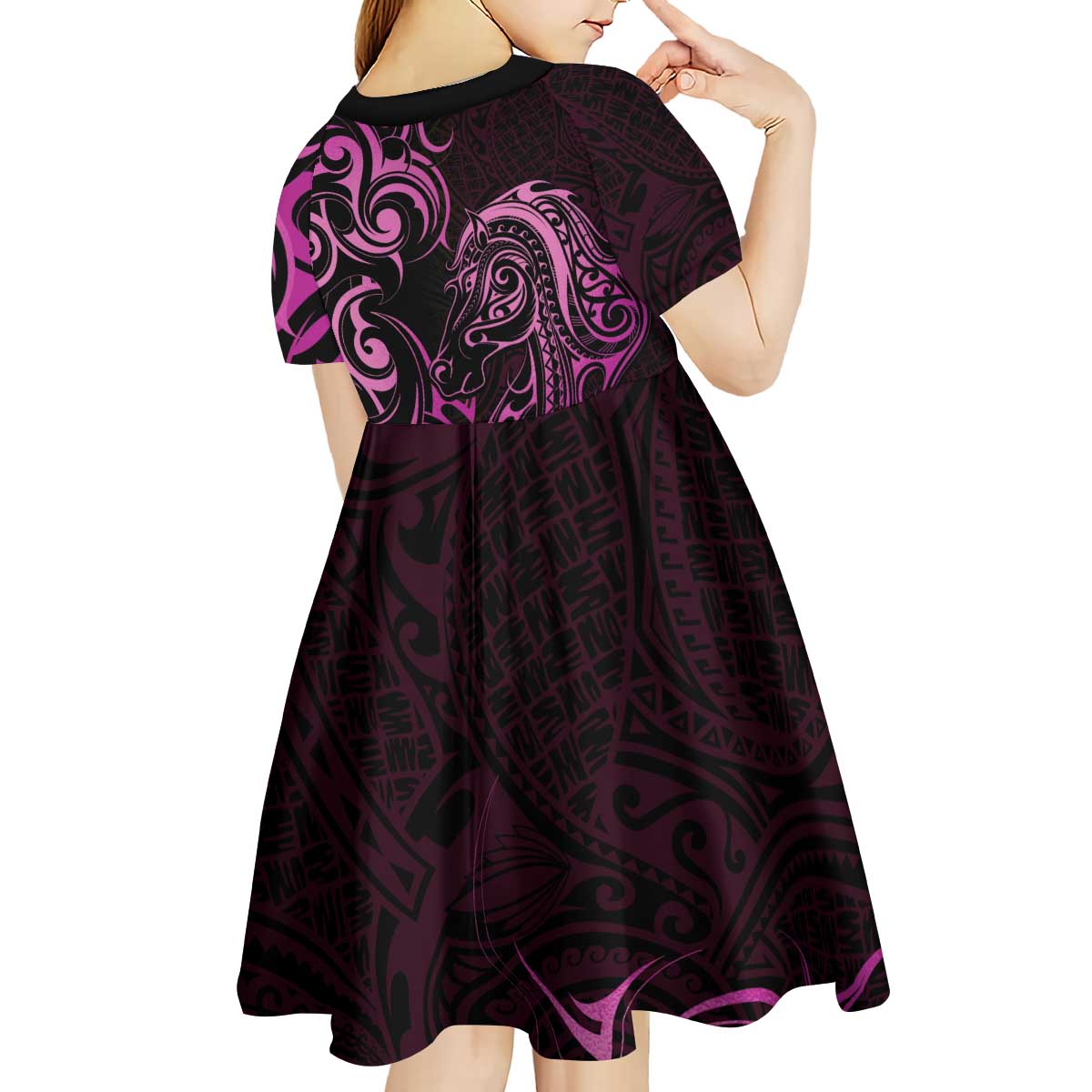 Pink Aotearoa Horse Racing Kid Short Sleeve Dress NZ Maori Pattern LT14 - Polynesian Pride