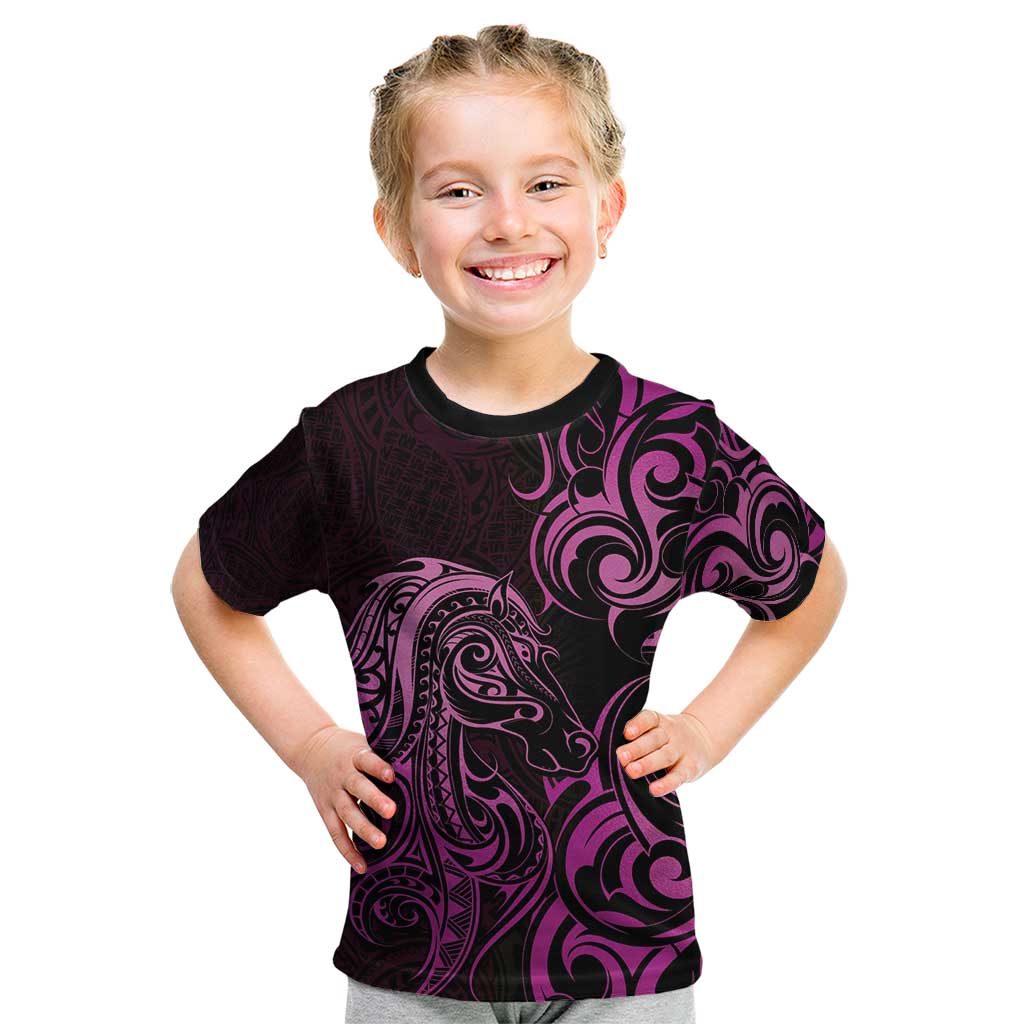 Pink Aotearoa Horse Racing Kid T Shirt NZ Maori Pattern LT14 Pink - Polynesian Pride