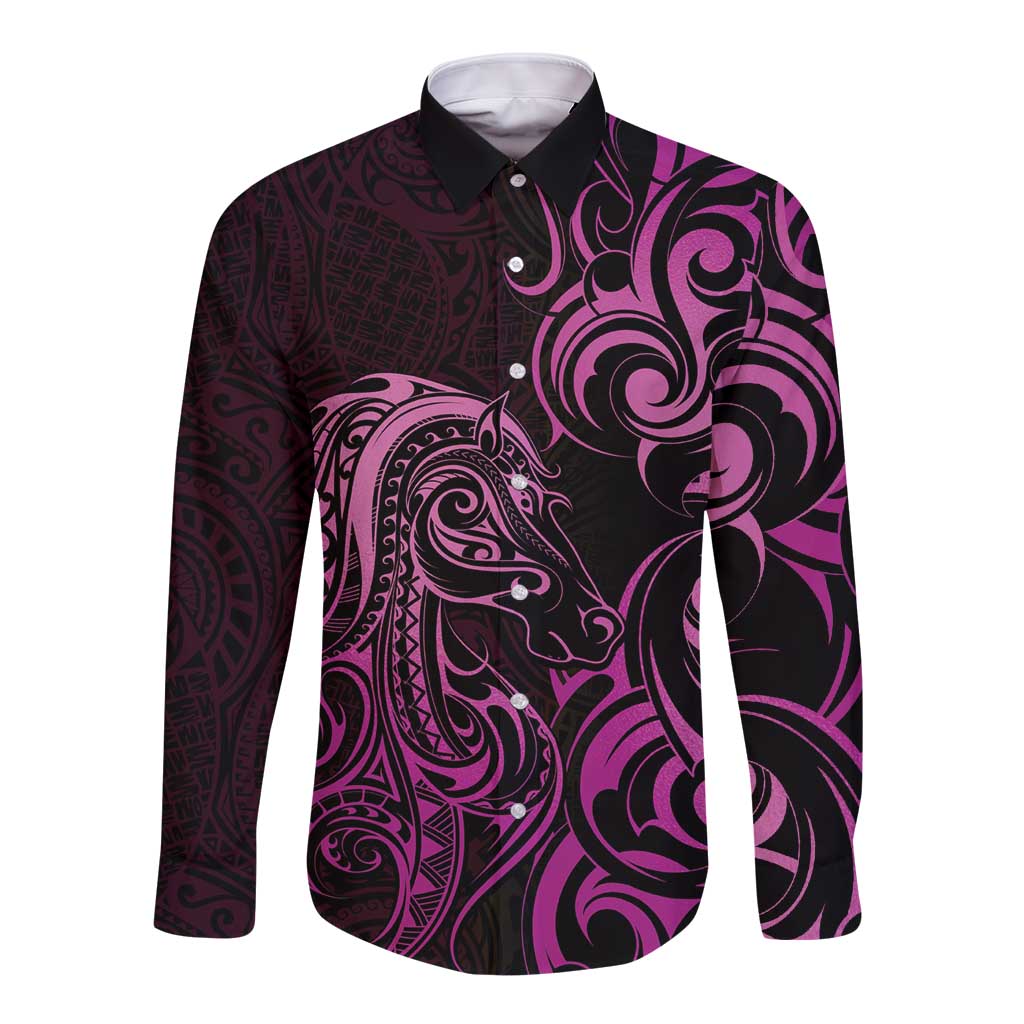 Pink Aotearoa Horse Racing Long Sleeve Button Shirt NZ Maori Pattern LT14 Unisex Pink - Polynesian Pride