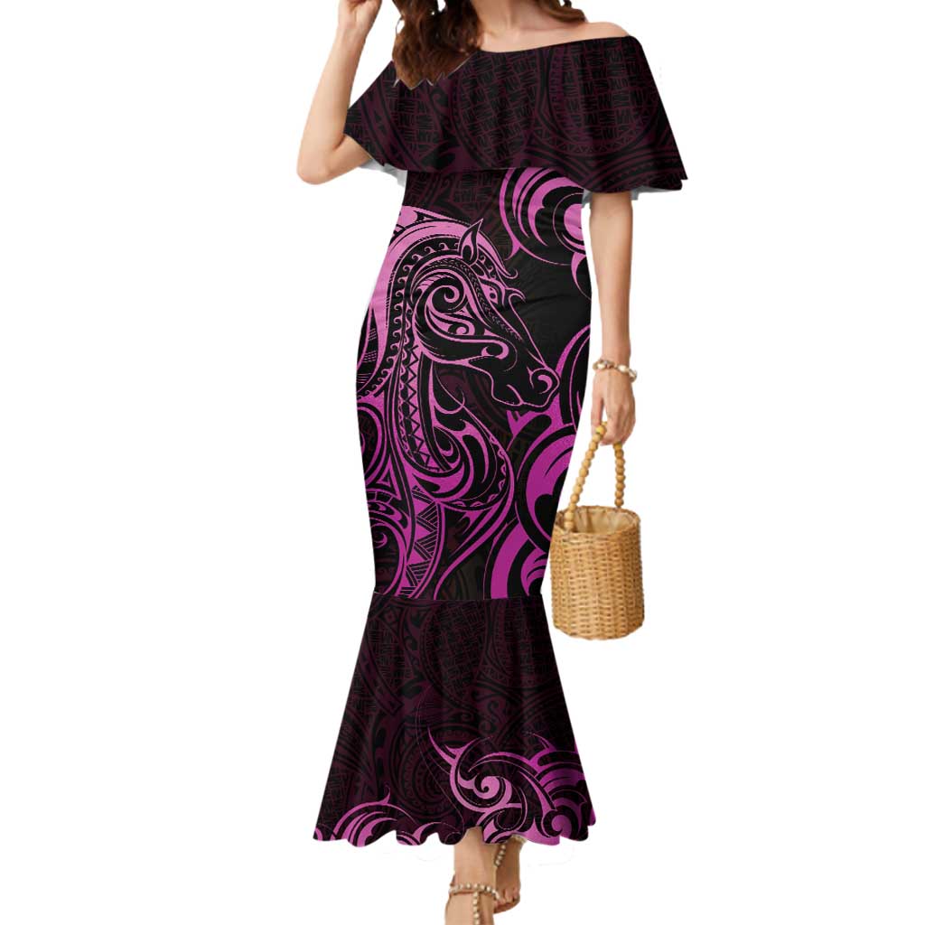 Pink Aotearoa Horse Racing Mermaid Dress NZ Maori Pattern LT14 Women Pink - Polynesian Pride
