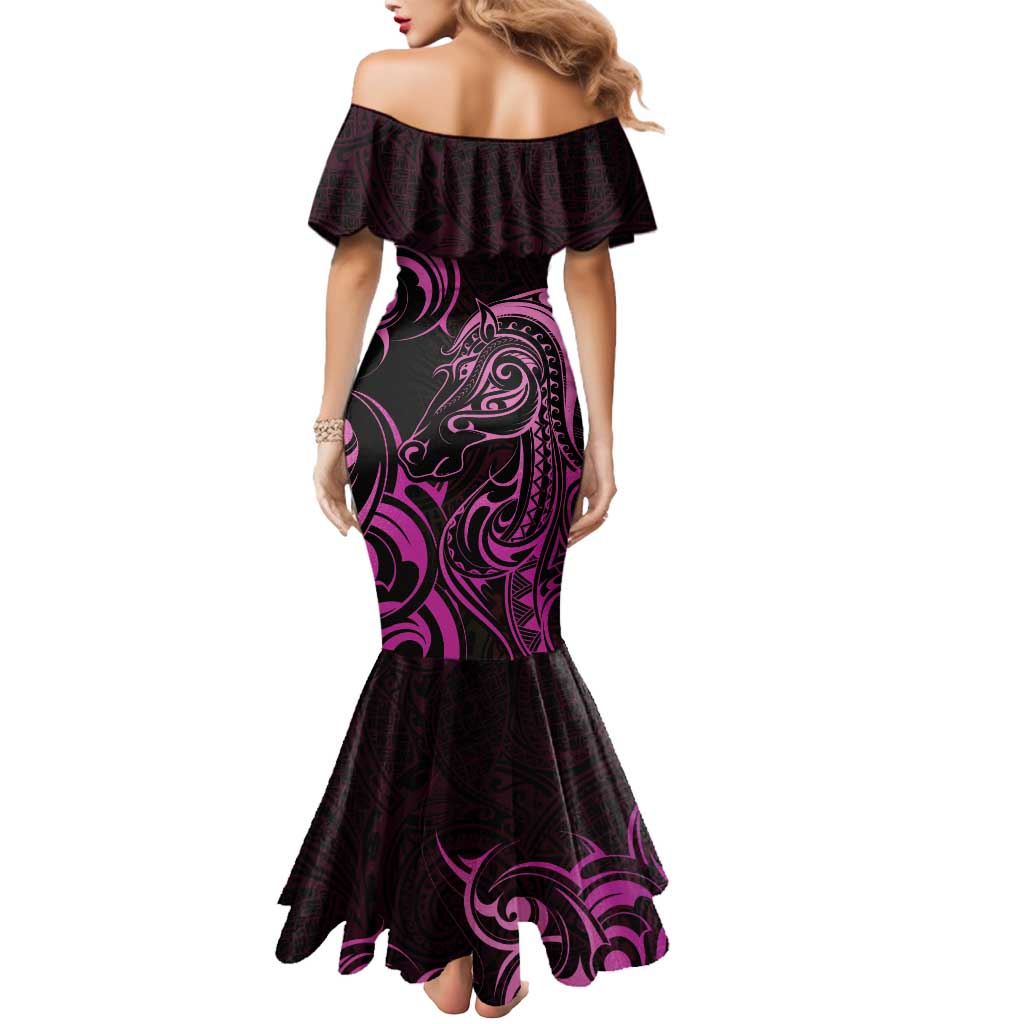 Pink Aotearoa Horse Racing Mermaid Dress NZ Maori Pattern LT14 - Polynesian Pride