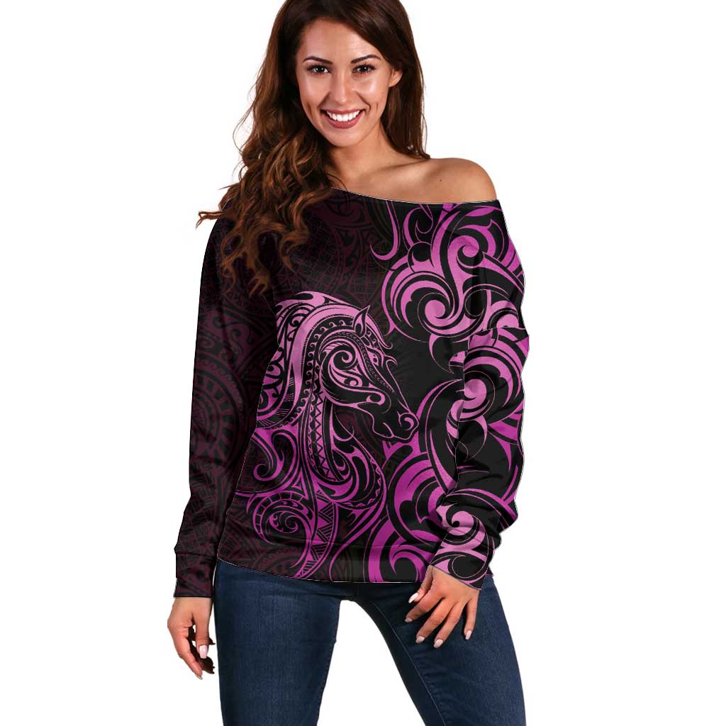 Pink Aoteara Horse Racing Off Shoulder Sweater NZ Maori Pattern