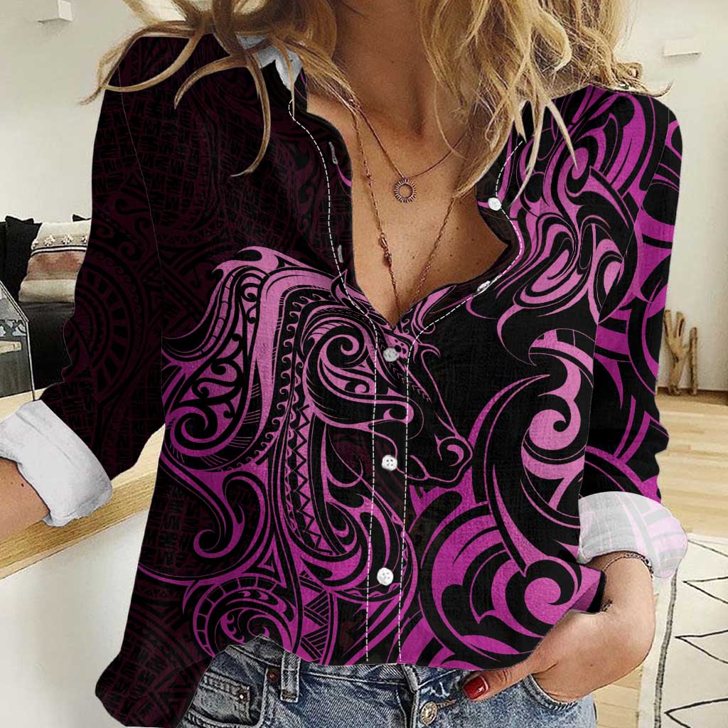 Pink Aotearoa Horse Racing Women Casual Shirt NZ Maori Pattern LT14 Female Pink - Polynesian Pride