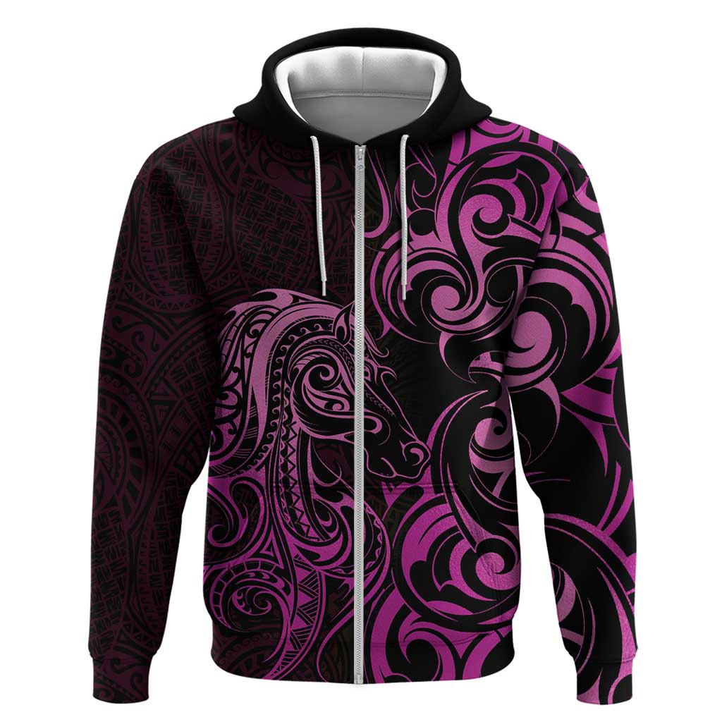 Pink Aoteara Horse Racing Zip Hoodie NZ Maori Pattern