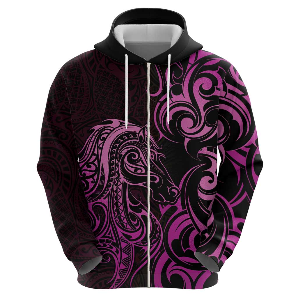 Pink Aoteara Horse Racing Zip Hoodie NZ Maori Pattern