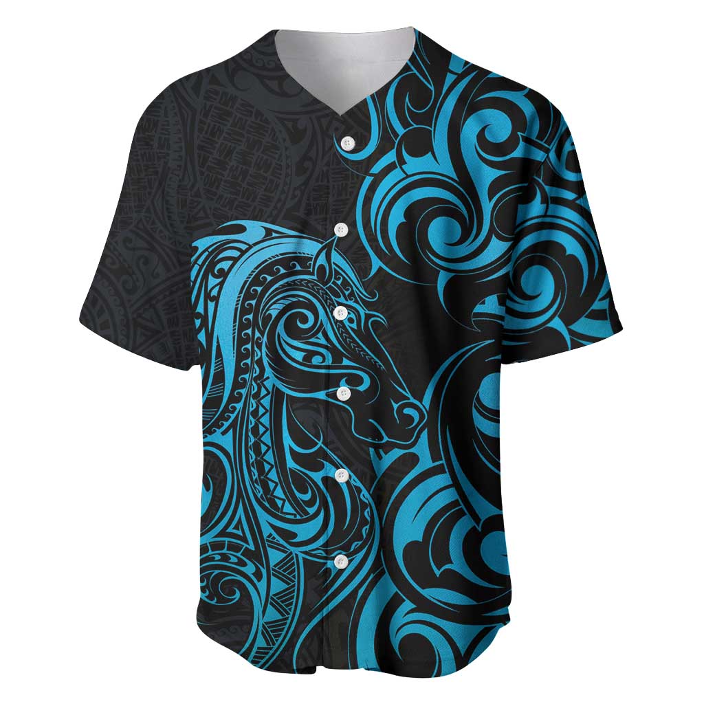 Blue Aoteara Horse Racing Baseball Jersey NZ Maori Pattern