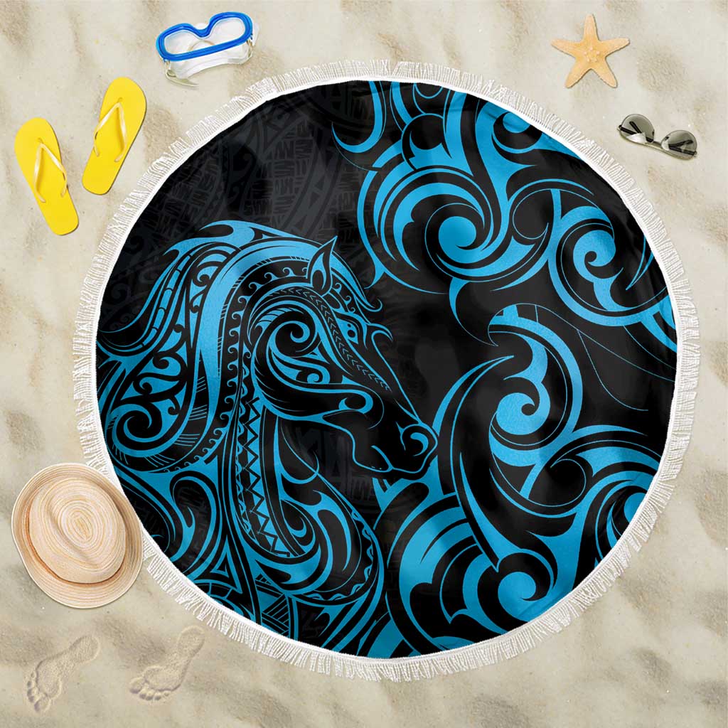 Blue Aoteara Horse Racing Beach Blanket NZ Maori Pattern