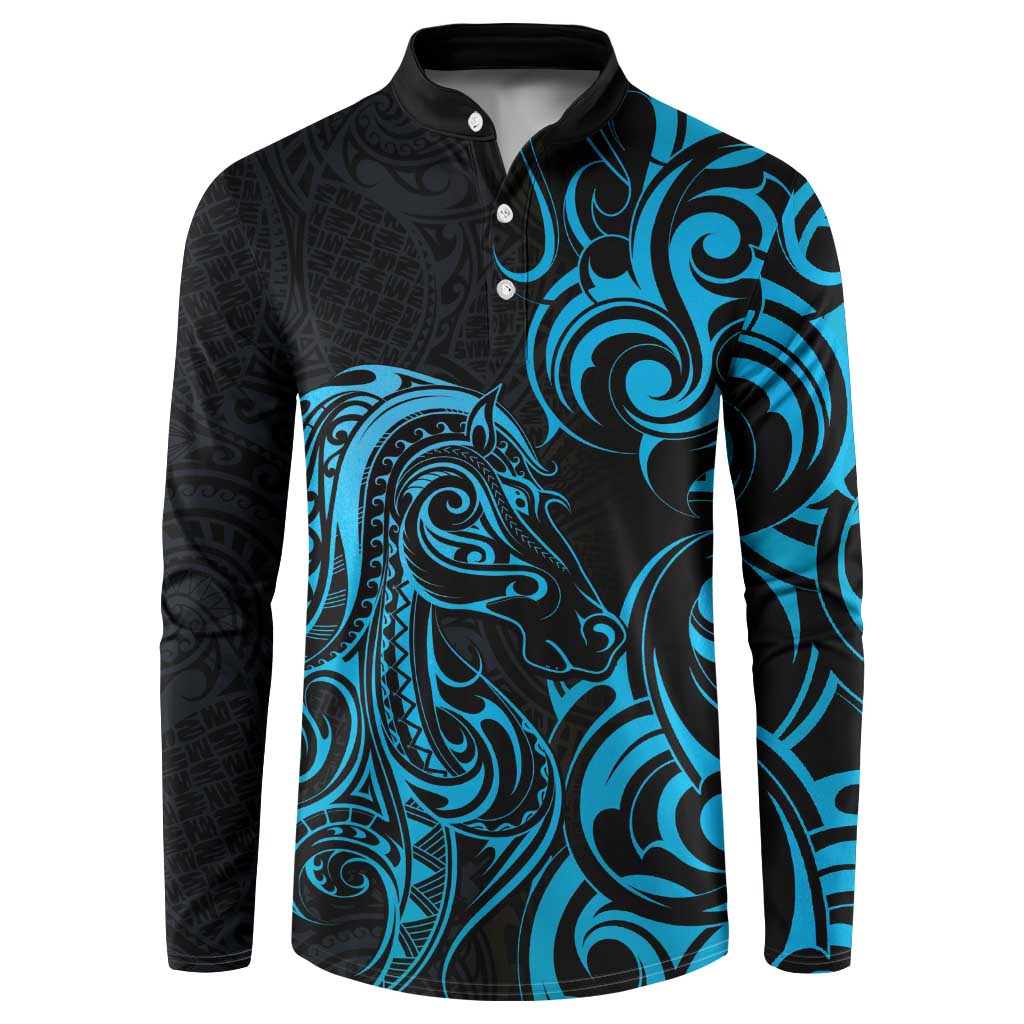 Blue Aotearoa Horse Racing Button Sweatshirt NZ Maori Pattern LT14 Blue - Polynesian Pride