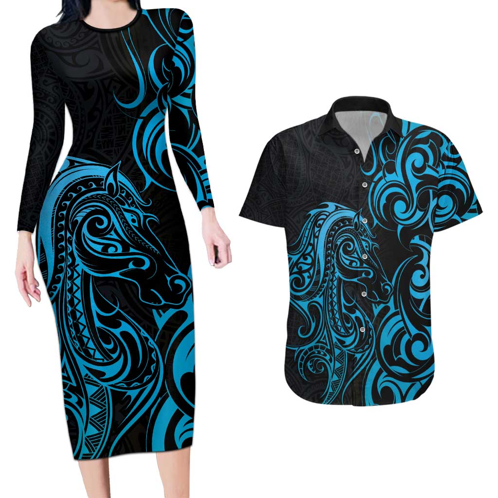 Blue Aotearoa Horse Racing Couples Matching Long Sleeve Bodycon Dress and Hawaiian Shirt NZ Maori Pattern LT14 Blue - Polynesian Pride