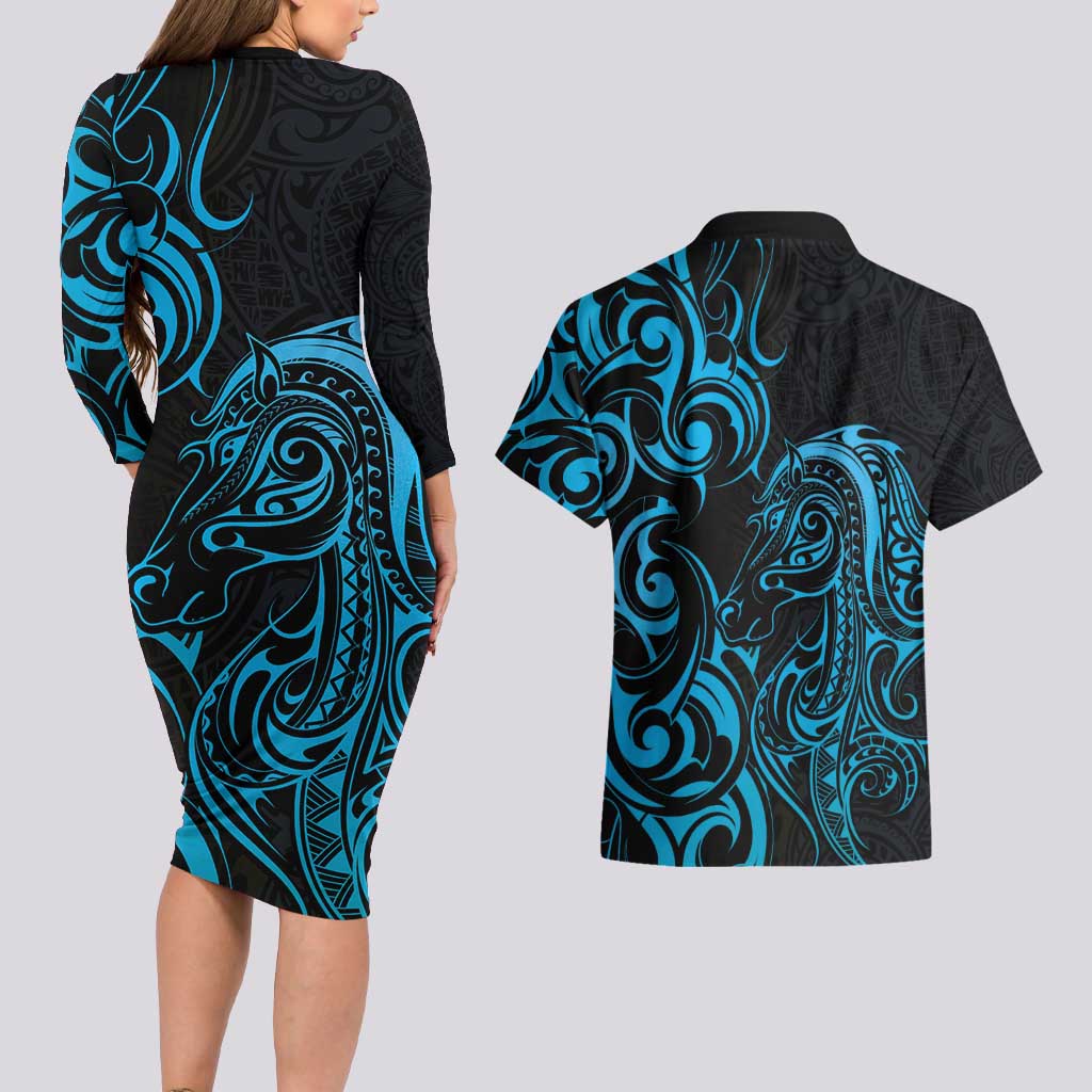Blue Aotearoa Horse Racing Couples Matching Long Sleeve Bodycon Dress and Hawaiian Shirt NZ Maori Pattern LT14 - Polynesian Pride