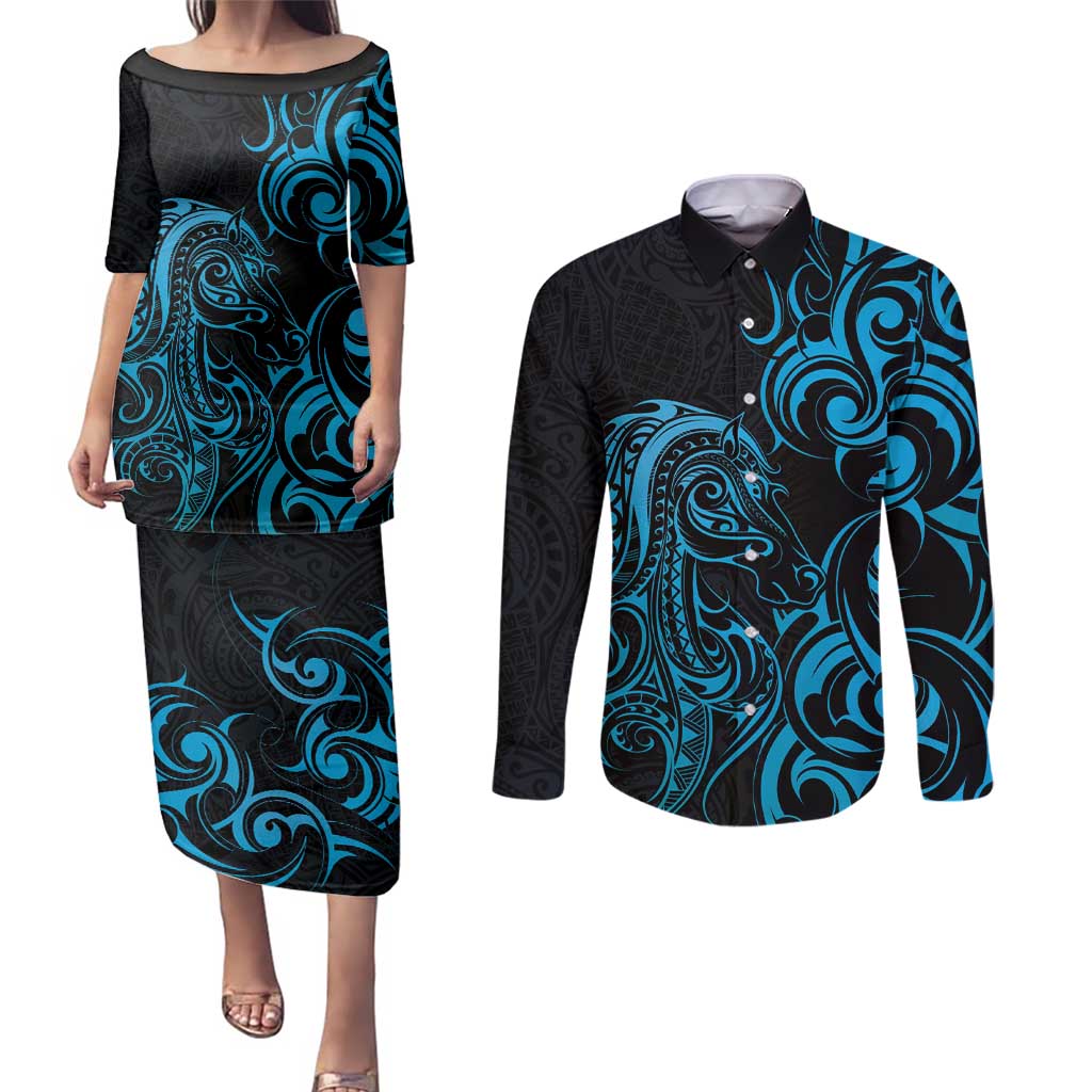 Blue Aoteara Horse Racing Couples Matching Puletasi and Long Sleeve Button Shirt NZ Maori Pattern