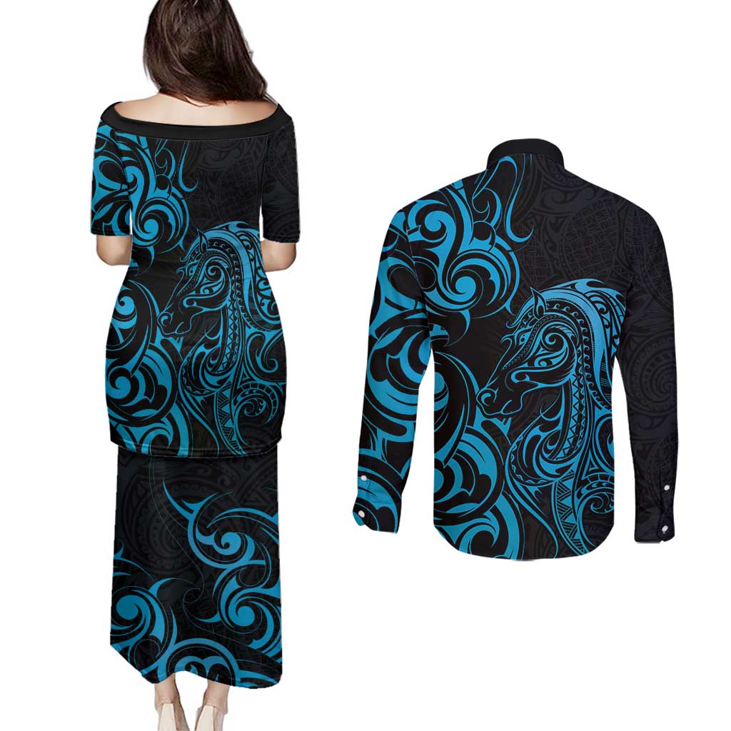 Blue Aoteara Horse Racing Couples Matching Puletasi and Long Sleeve Button Shirt NZ Maori Pattern