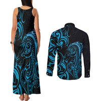 Blue Aoteara Horse Racing Couples Matching Tank Maxi Dress and Long Sleeve Button Shirt NZ Maori Pattern