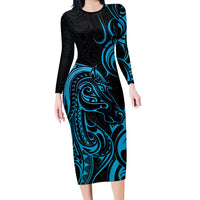 Blue Aotearoa Horse Racing Family Matching Long Sleeve Bodycon Dress and Hawaiian Shirt NZ Maori Pattern LT14 Mom's Dress Blue - Polynesian Pride
