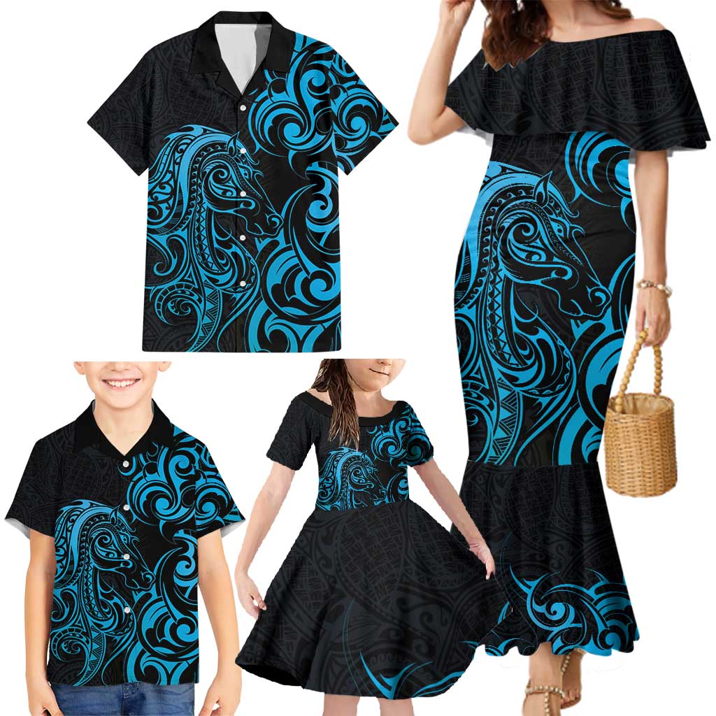 Blue Aotearoa Horse Racing Family Matching Mermaid Dress and Hawaiian Shirt NZ Maori Pattern LT14 - Polynesian Pride