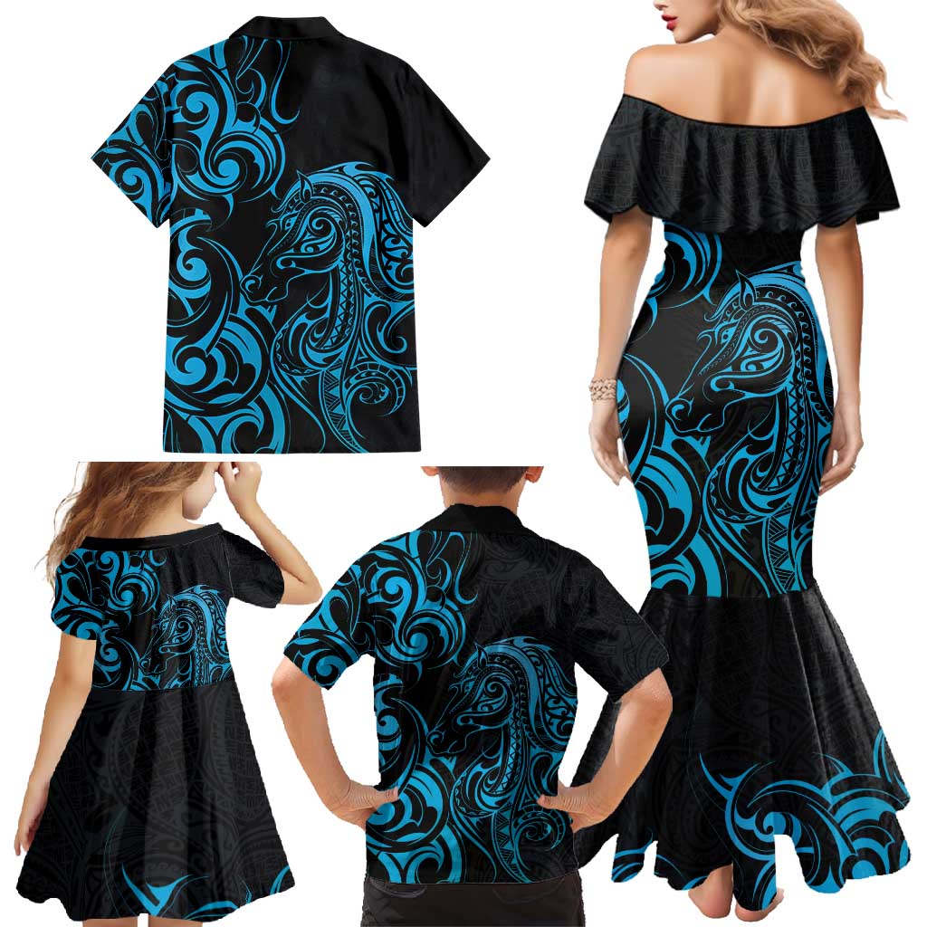 Blue Aotearoa Horse Racing Family Matching Mermaid Dress and Hawaiian Shirt NZ Maori Pattern LT14 - Polynesian Pride